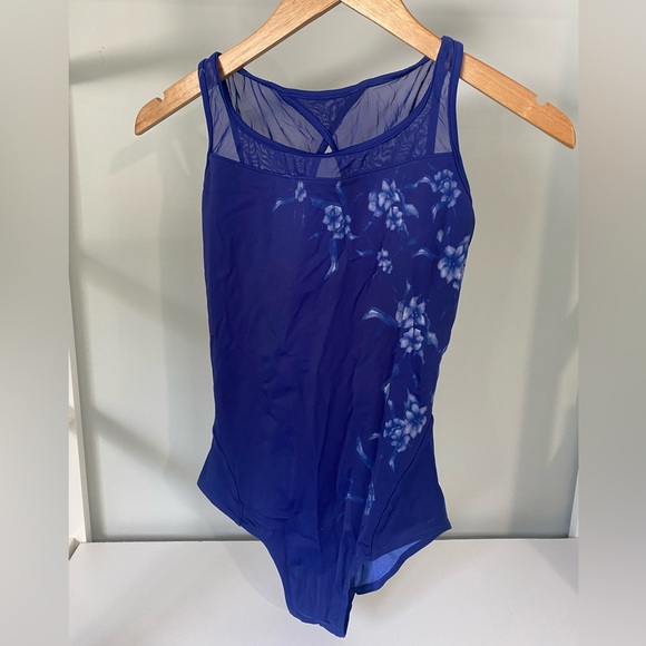 Blue Floral Print Mesh Bodysuit - Picture 1 of 2